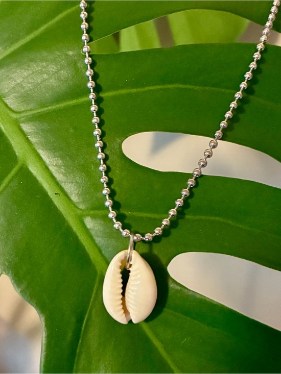 Jewelry - Cowrie Shell Necklace Beach Surfer Boho Coastal Pendant Silver Ballchain Surf